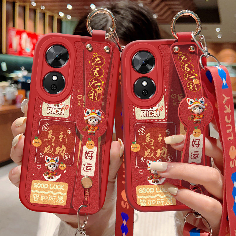 适用于华为荣耀Play10C手机壳防摔NIC-AN00马到成功卡通保护套可斜挎挂绳腕带小羊皮软胶全包边红色新年款