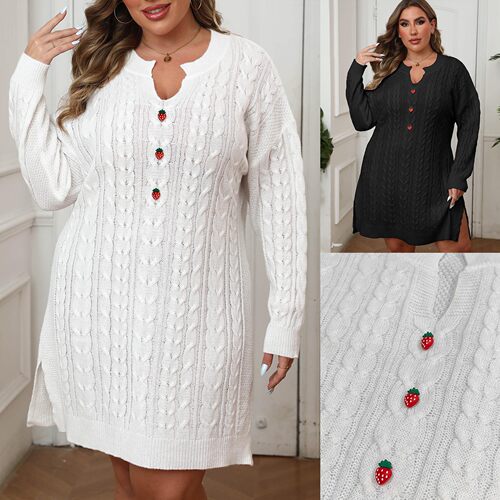 Large Size Women's V-neck Twist Woven Sweater Solid Color Dr