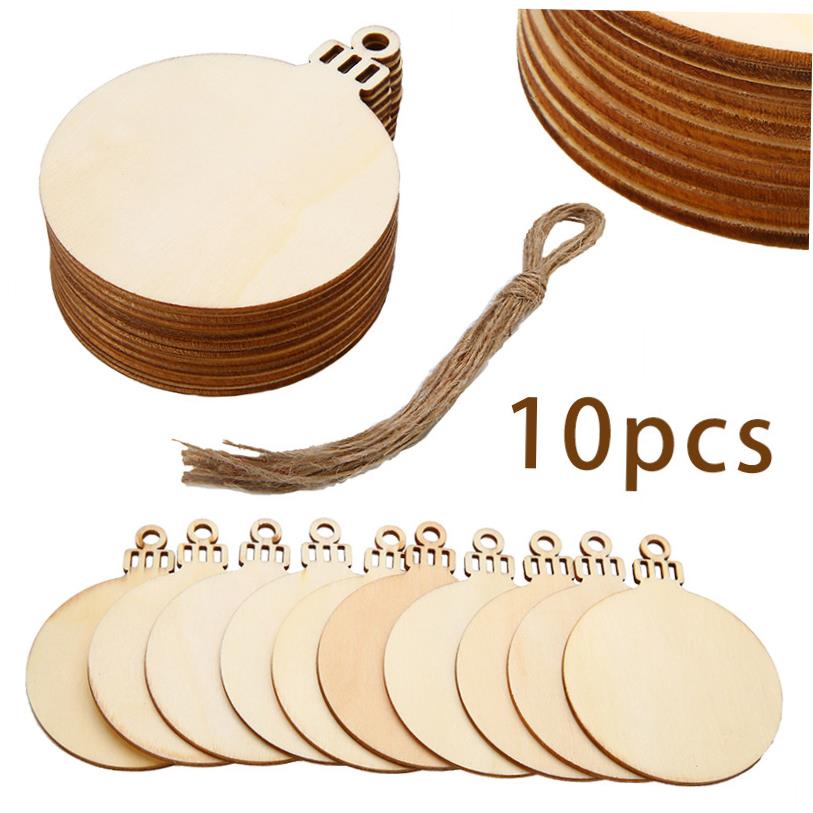 10Pcs Merry Christmas Wooden Round Baubles Tags Christmas