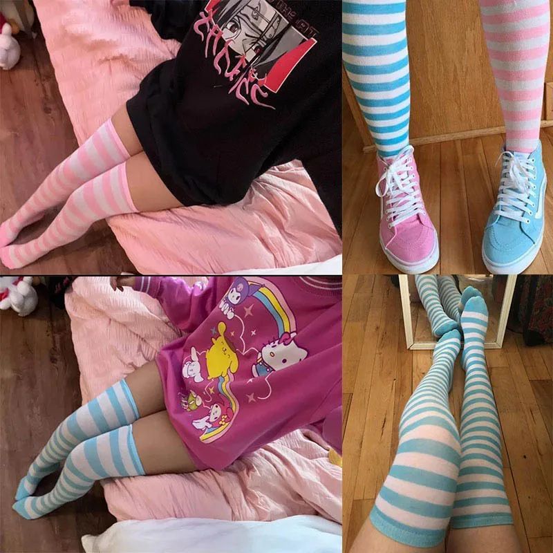 Color Striped Stockings Japanese Over Knee Socks Fashion Wom