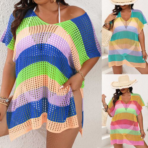 Women's Vacation Cardigan Plus Size Color Block Striped Holl