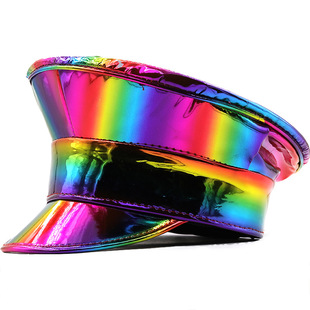Rainbow Women Men Leather Military Hat 男女漆皮亮面船长帽
