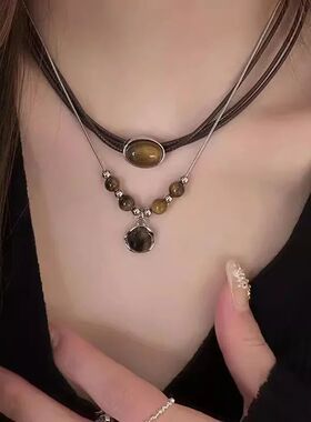 Vintage Leather Brown Stone Pendant Necklace Women's Retro S