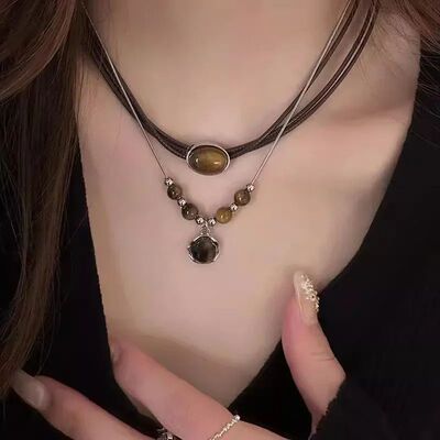 Vintage Leather Brown Stone Pendant Necklace Women's Retro S