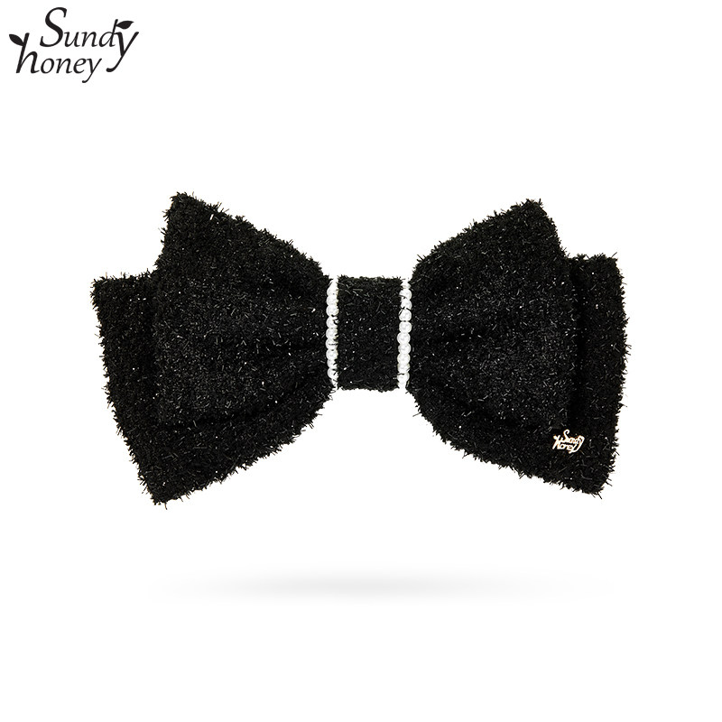 Sundyhoney丝绒蝴蝶结弹簧夹名媛气质珍珠发饰柔美风小巧发夹温馨