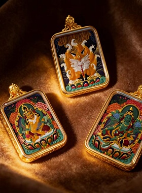 彩绘黄铜唐卡绿度母五爷黄财民族风男女款唐卡吊坠扎基拉姆饰品
