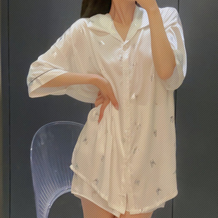 带胸垫冰丝睡衣女士夏季可外穿韩版甜美中长款睡裙短裤套装家居服