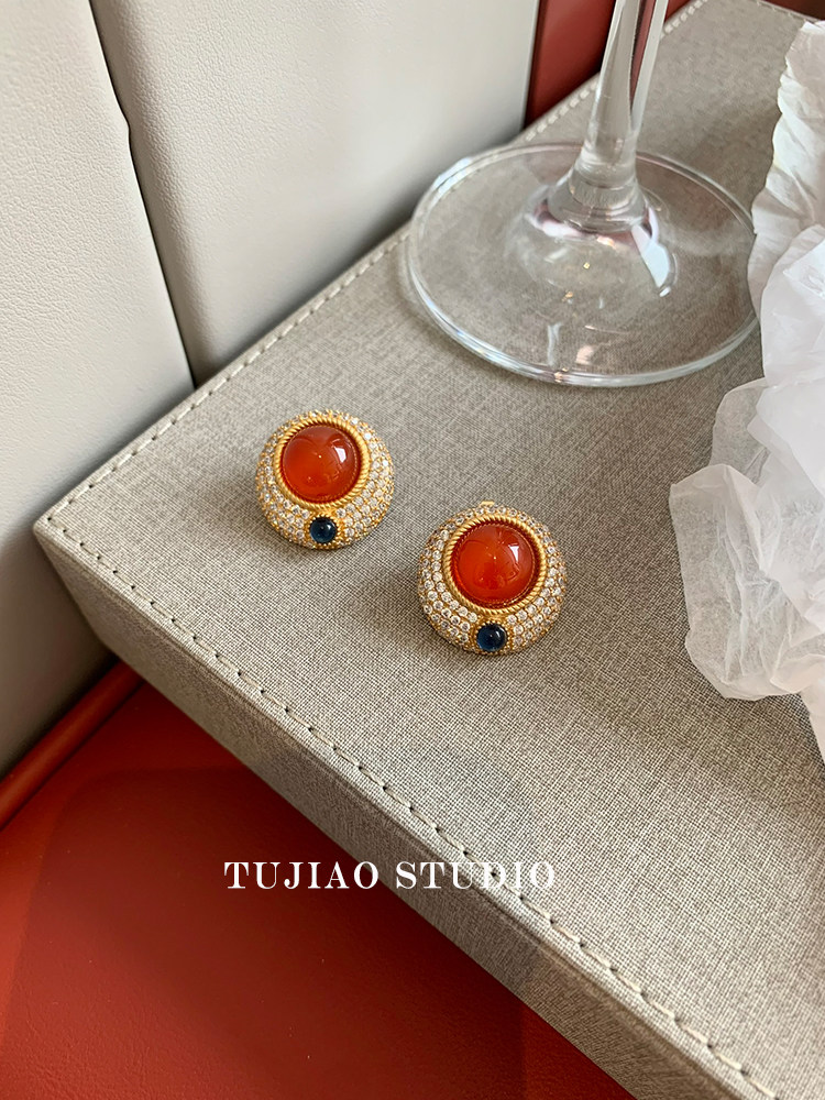 tujiao 法式宫廷红玛瑙满钻镶嵌vintage中古款气质高级小众耳钉