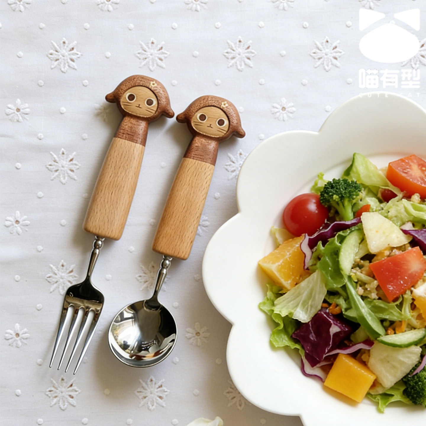 实木猫咪餐具304不锈钢勺叉套装