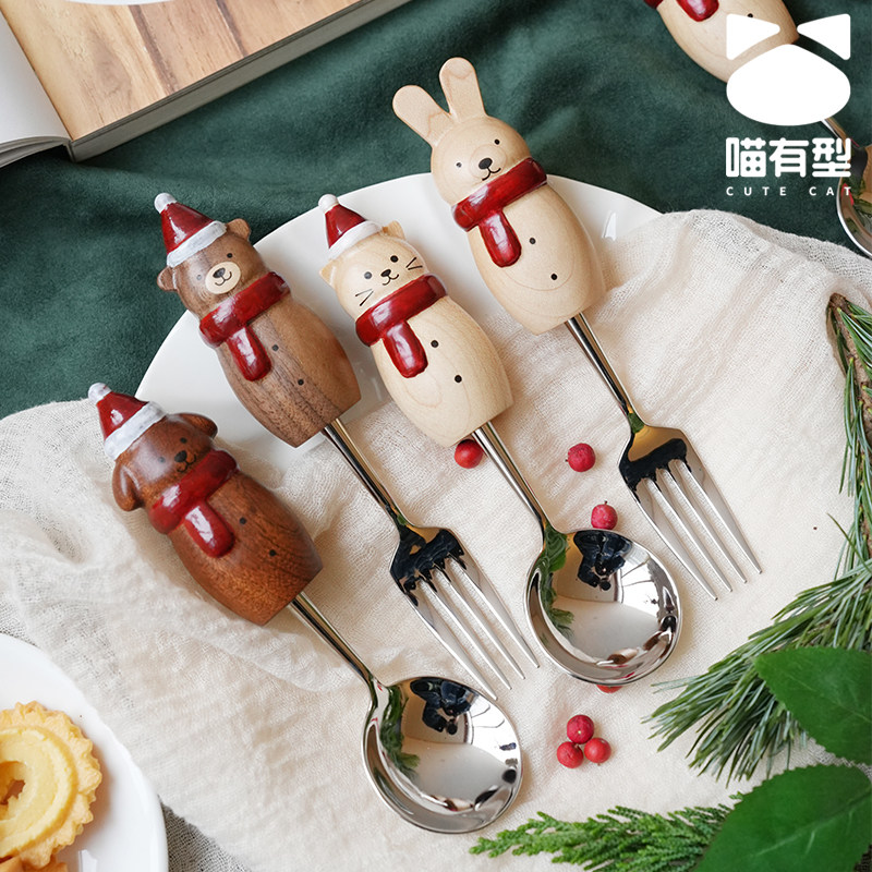 喵有型圣诞礼物可爱动物勺子叉子餐具套装甜品蛋糕勺叉高颜值套装