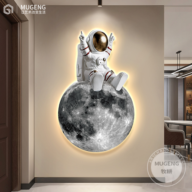 现代轻奢月球发光宇航员壁画 客厅过道LED灯带挂画走廊玄关装饰画