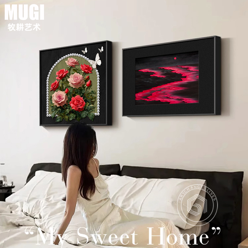 意式极简卧室床头装饰画法式中古风轻奢玫瑰主次卧餐厅房间壁挂画