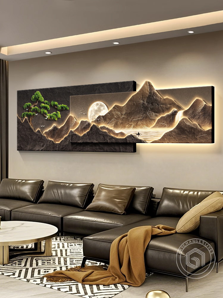 背有靠山客厅装饰画茶室办公迎客松轻奢高级感山水沙发背景墙挂画
