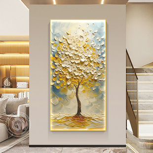 2024新款现代轻奢发财树入户玄关装饰画带led灯油画走廊过道挂画