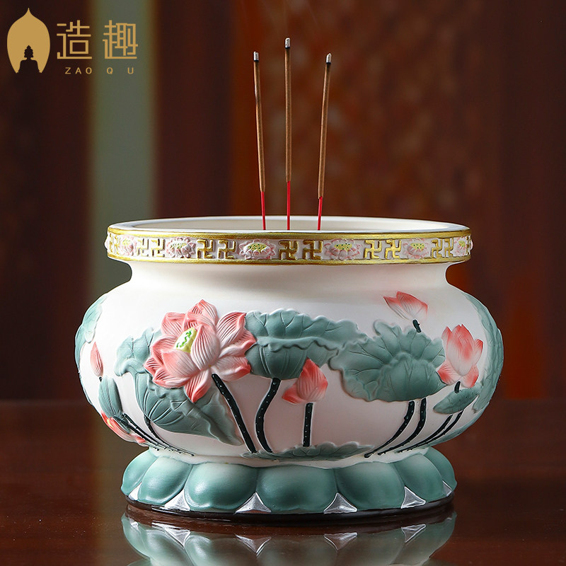 造趣家用佛堂供奉陶瓷线香炉檀香立香炉供佛观音彩绘荷韵莲花香炉