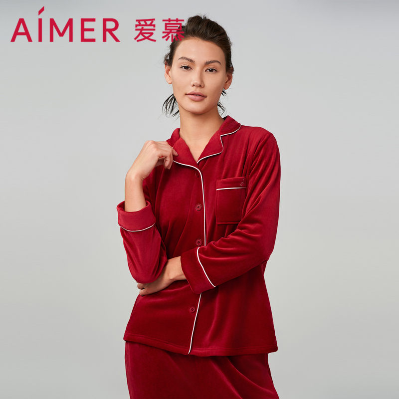 爱慕情侣睡衣女春秋红色长袖长裤分身海岛绒家居服套装