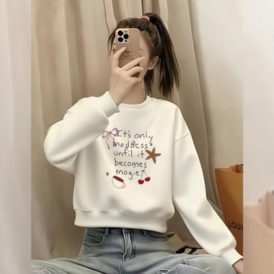 白色短款卫衣女2025秋冬保暖新款宽松圆领加绒加厚小个子套头上衣