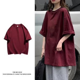 打底衫 100%纯棉酒红色纯色短袖 小众美式 t恤女2025夏季 内搭上衣 款