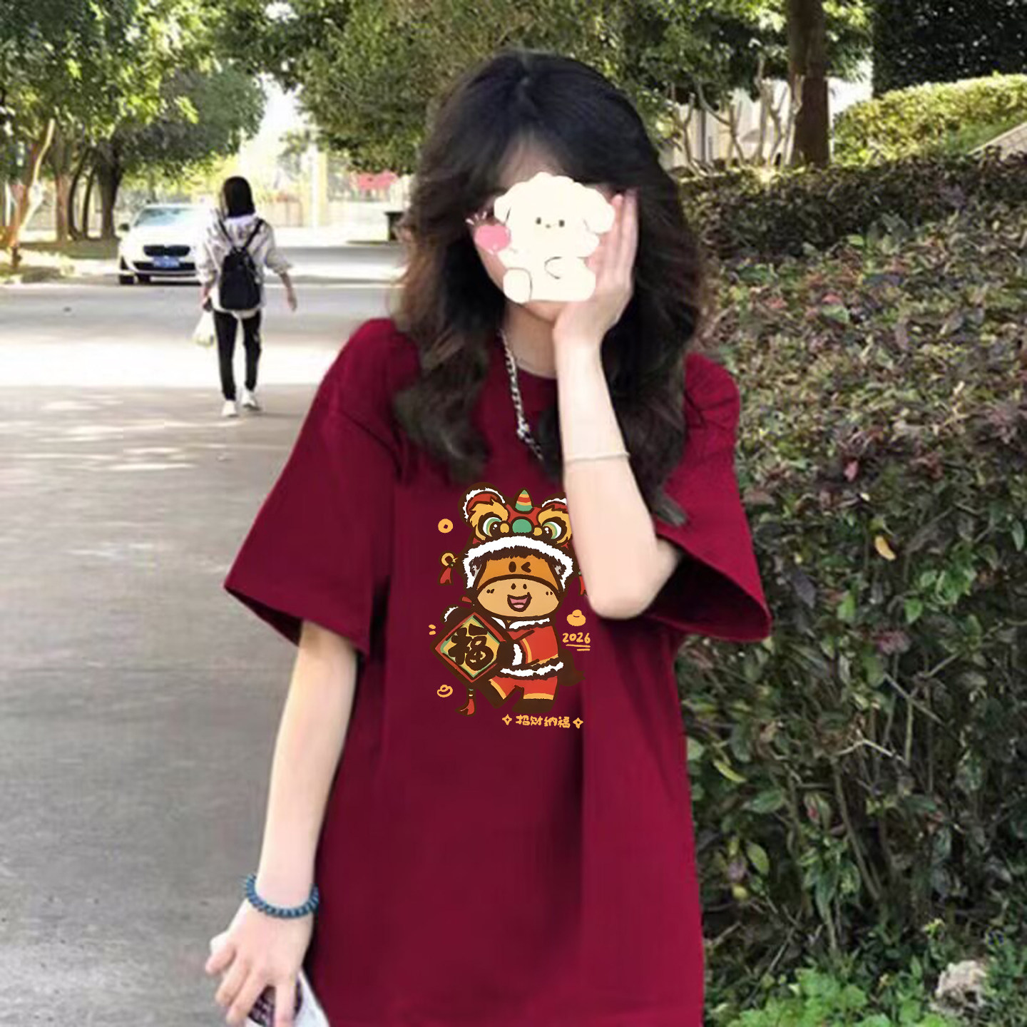 2026马年国潮红色卡通印花短袖t恤女宽松纯棉本命年减龄大版上衣
