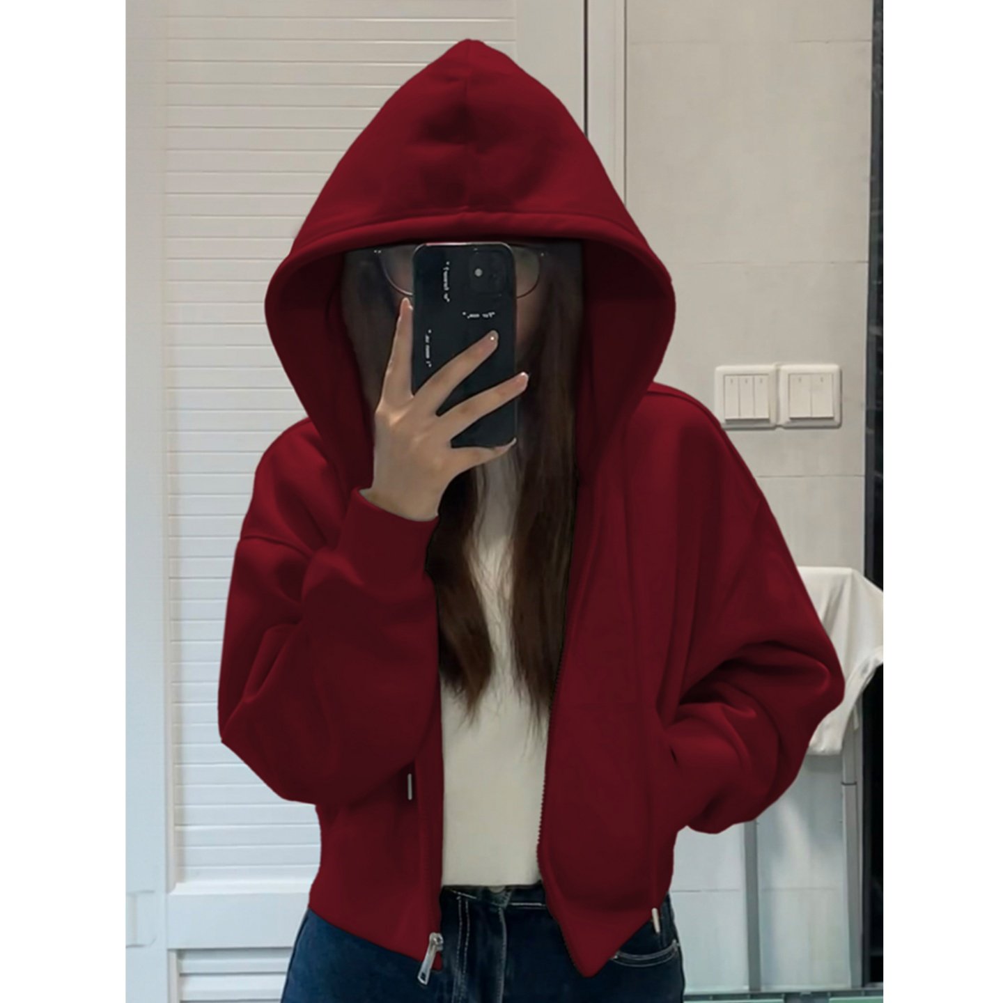 酒红色连帽重磅卫衣女2026新款早秋短款拉链开衫韩版长袖外套上衣