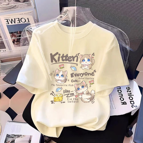 卡通可爱小猫印花短袖t恤女2026杏色纯棉设计感小众不撞款上衣ins