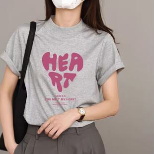 别致体恤 浅灰色短袖 半高领T恤女士夏季 欧货半袖 纯棉洋气宽松大码