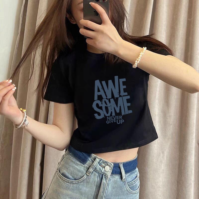 欧货正肩短袖T恤女夏季2025新款甜辣显瘦休闲小众高腰短款上衣潮