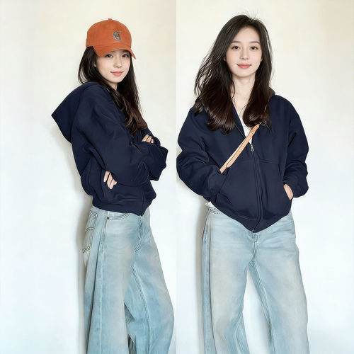 藏蓝加绒连帽拉链卫衣开衫女秋冬