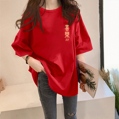 2026新年红色国风纯棉短袖t恤女马年本命年衣服新款冬季体恤半袖