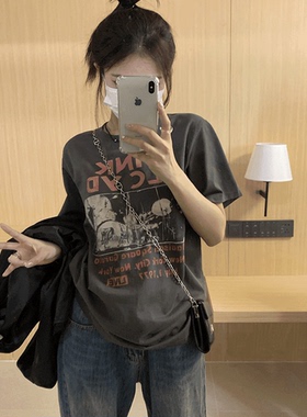 深灰色短袖t恤女夏季欧货上衣美式复古休闲宽松小个子体恤中长款
