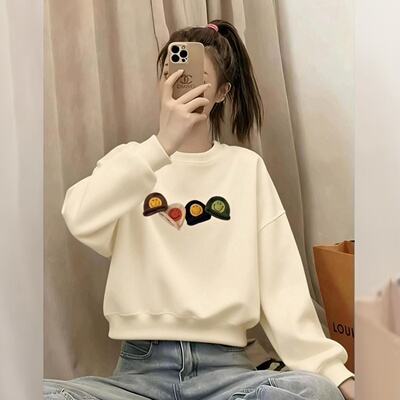 高腰杏色短款卫衣女2025秋冬新款爆款圆领加绒加厚小个子保暖上衣