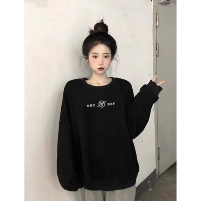 黑色圆领加绒卫衣无帽女款2025新款爆款秋冬季加厚宽松长袖上衣服