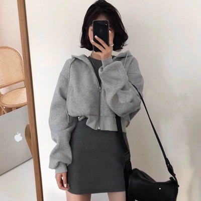 灰色短款卫衣女2025秋季新款加绒加厚连帽拉链韩版宽松开衫薄外套