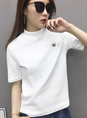 欧洲站2026新款欧货半高领纯棉白色t恤女短袖打底衫半袖内搭体恤