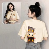 宽松显瘦纯棉半袖 爆款 上衣 t恤女夏2026新款 欧货杏色卡通猫咪短袖
