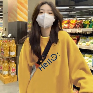 黄色薄款圆领无帽2026新款时尚减龄欧货宽松上衣加绒加厚卫衣女