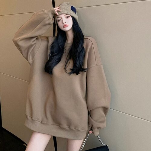 素手挽歌美式复古卡其色卫衣女