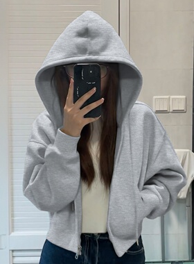灰色连帽重磅卫衣女秋冬加绒加厚拉链开衫外套巨好看韩版宽松上衣
