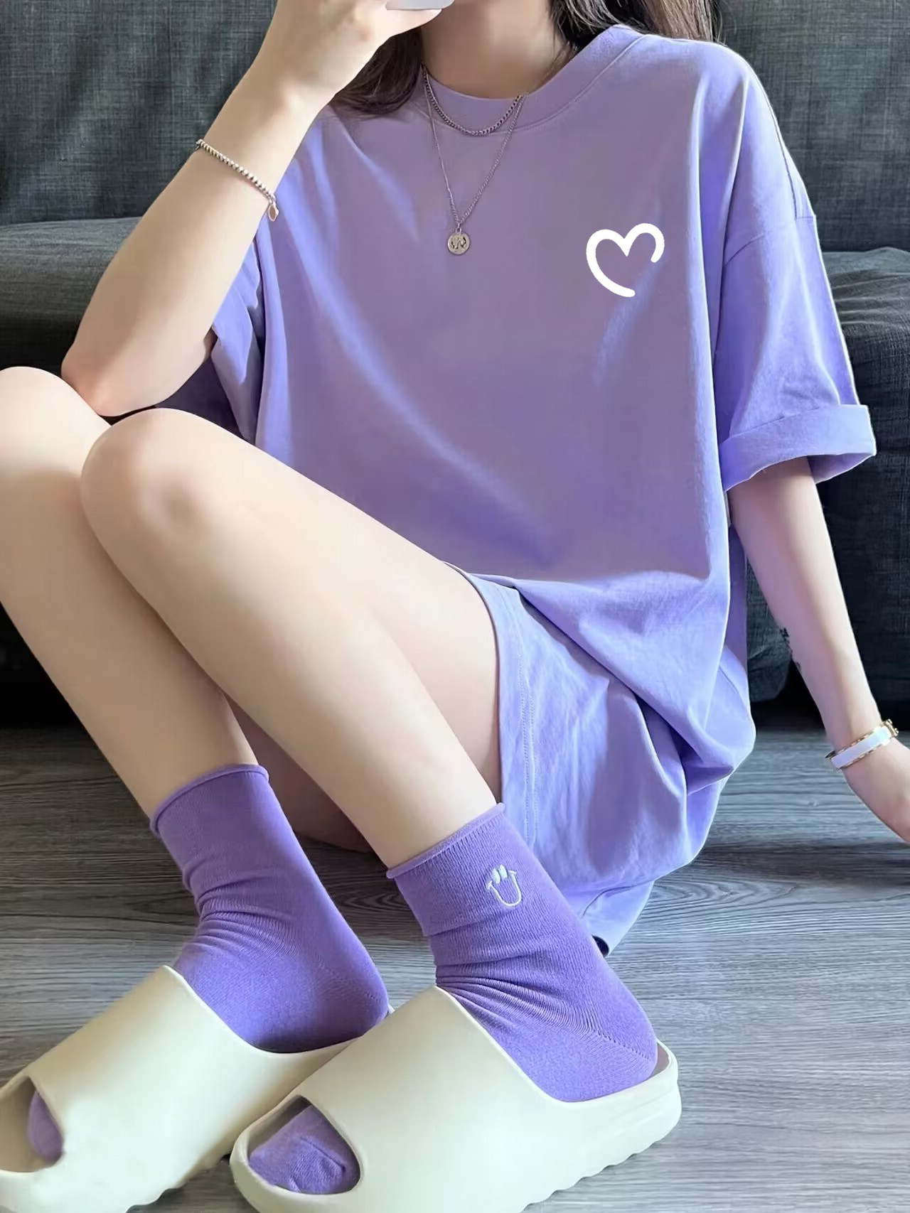 紫色短袖纯棉多巴胺中长款t恤女