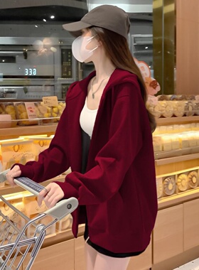 安可拉红色连帽卫衣外套女秋冬季2025加绒加厚美式拉链保暖开衫衣