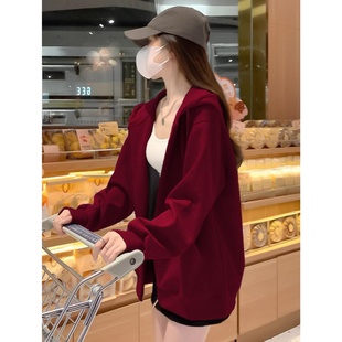 安可拉红色连帽卫衣外套女秋冬季2025加绒加厚美式拉链保暖开衫衣