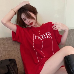 设计感正肩中长款 韩版 新款 红色圆领短袖 上衣 即墨T恤女2025春秋季