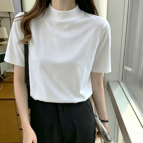 高级感白色半高领短袖正肩t恤女夏纯棉纯色半袖打底衫基础款上衣