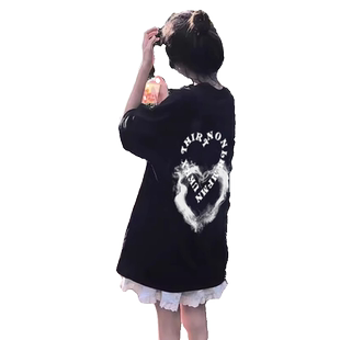爱心t恤女2026新款夏季短袖初中生黑色纯棉宽松半袖美式别致上衣