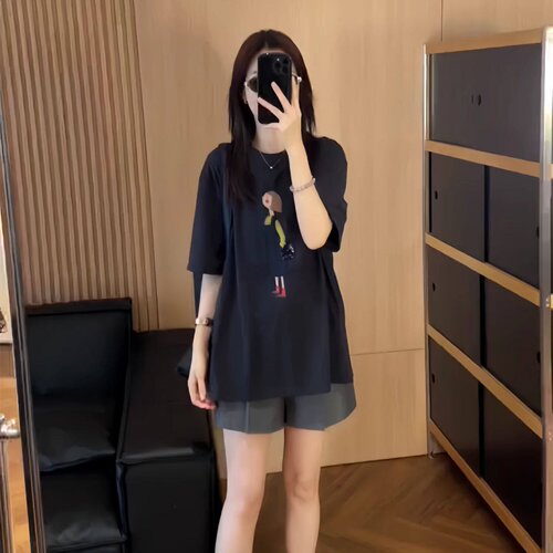 美式藏蓝色卡通印花短袖t恤女2026夏季宽松显瘦休闲上衣高级感ins