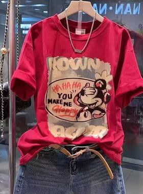 胖妹妹韩版卡通米奇印花纯棉短袖t恤女夏季新款时尚半袖上衣ins潮