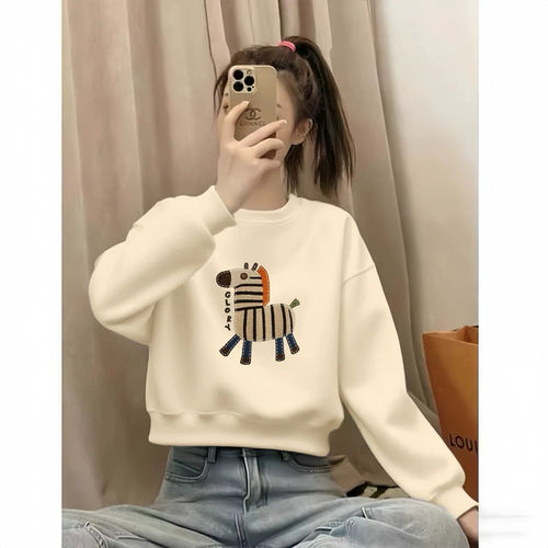 杏色圆领加绒短款卫衣女2026秋冬季新款设计感无帽套头长袖上衣潮