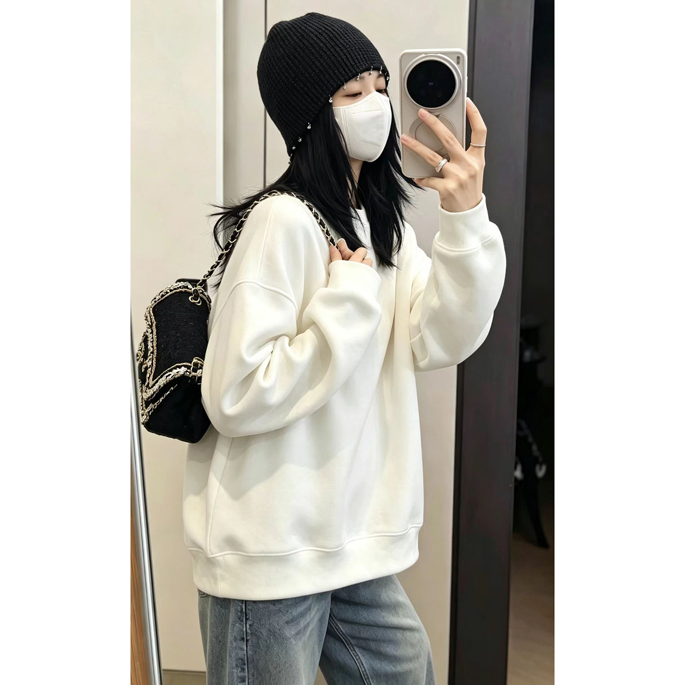 韩版新款白色圆领卫衣女秋冬季加绒宽松长袖中长款百搭无帽上衣女