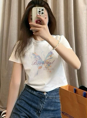 正肩白色小个子高腰短款t恤女2026夏季新款爆款洋气百搭短袖上衣