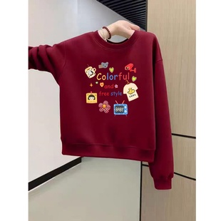 复古红色圆领长袖卫衣女2025秋冬季保暖新款宽松显瘦加绒短款上衣